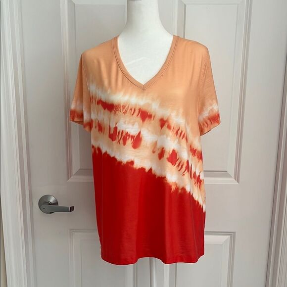 Chico's V-Neck Short Sleeve Top in Orange and Red - Picture 1 of 6